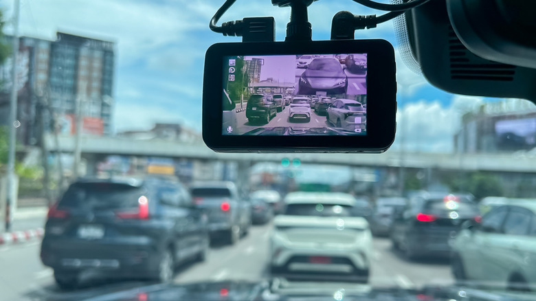A dashcam filming traffic