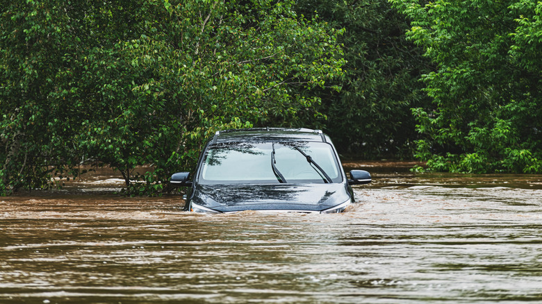 A dark SUV partially submerged in murky floodwater.