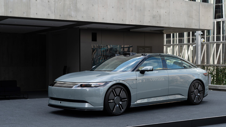 TOKYO, JAPAN - JANUARY 23: A prototype of Sony Honda Mobility Inc.'s Afeela electric vehicle is displayed in the Ginza Sony Park building during a media preview on January 23, 2025 in Tokyo, Japan. The building, formerly known as the Sony Building, has been reconstructed with the concept of the 'Garden of Ginza' at the heart of the Ginza shopping district. It is set to open to the public on January 26, featuring an exhibition of artworks themed around the company's six businesses, created in collaboration with six musicians as its inaugural project. (Photo by Tomohiro Ohsumi/Getty Images)