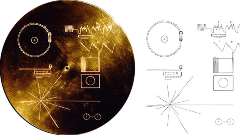 The golden record aboard the NASA Jet Propulsion Laboratory's Voyager 1 probe, with diagrams of its pictographs