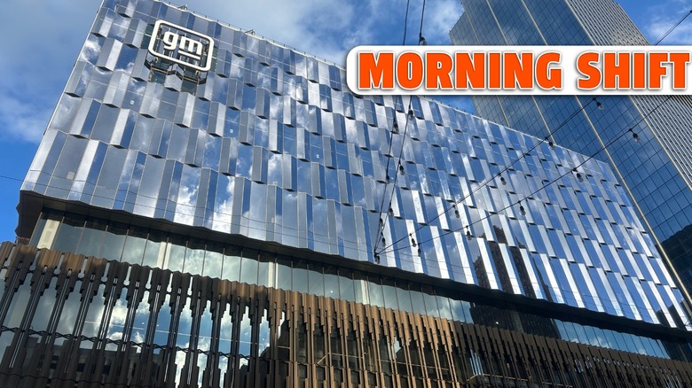 GM headquarters in Detroit with the Morning Shift banner across the image