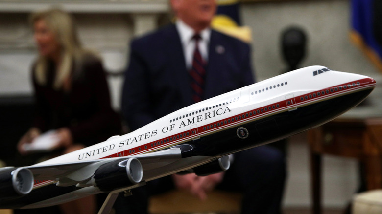 A model of the proposed paint scheme of the next generation of Air Force One is on display during a meeting between U.S. President Donald Trump and President Sergio Mattarella of Italy in the Oval Office of the White House October 16, 2019 in Washington, DC. President Trump is holding talks with President Mattarella on bilateral issues including "common security challenges and shared economic prosperity."