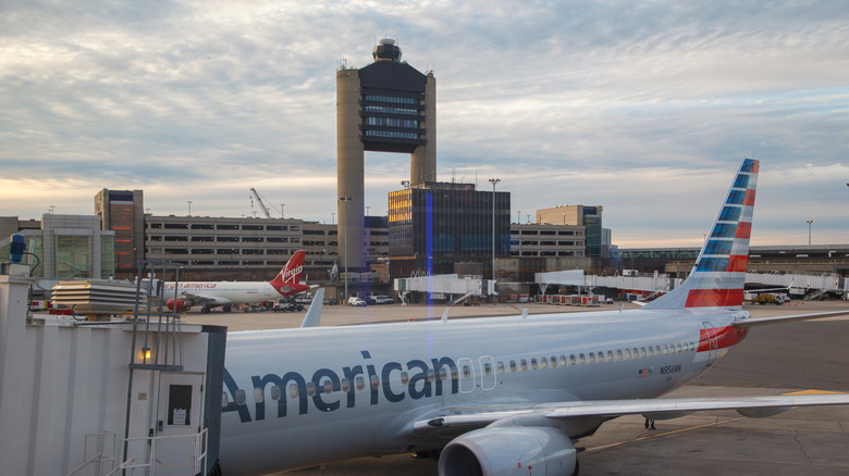 The Airplanes parked on the fingers of the Logan International airport in Boston, Massachusetts, USA