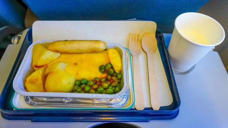 An airline meal sitting on a fold down tray