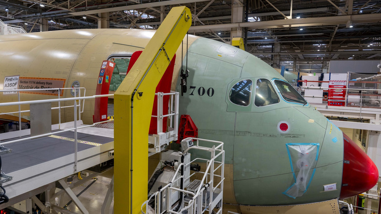 An Airbus A350 seen under construction at the factory