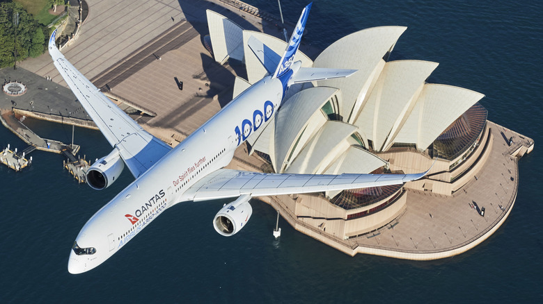 A Qantas flight over the Sydney Opera House