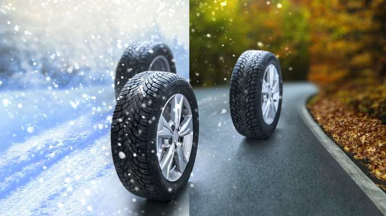 Picture depicting all-season tires rolling on pavement and snow
