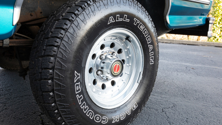 All-terrain tires on an SUV.