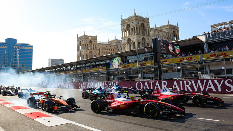 Franco Colapinto of Argentina driving the (43) Alpine A526 on track locks up after the Safety Car restart during the F1 Grand Prix of Azerbaijan at Baku City Circuit on September 26, 2026 in Baku, Azerbaijan.