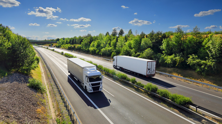 Two semi-trucks traversing the highway