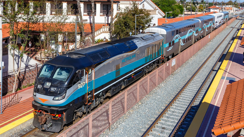 A Metrolink commuter rail train at Santa Ana railway station near Los Angeles.