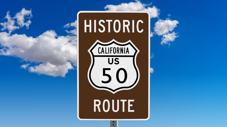 A motion showing historical California U.S. Route 50 roadworthy sign.