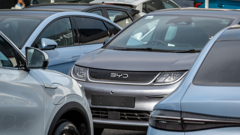 خودروهای الکتریکی جدید و ثبت نشده BYD برای فروش در خارج از نمایندگی BYD، در 6 مارس 2025 در بریستول، انگلستان به نمایش گذاشته می‌شوند.