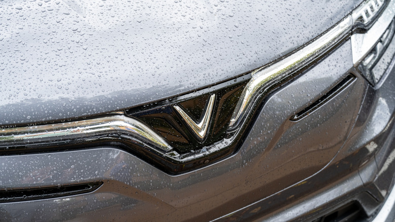 Close-up of the front grille of a vehicle with Vinfast logo emblem visible, Newport Beach, California, December 24, 2025. (Photo by Smith Collection/Gado/Getty Images)