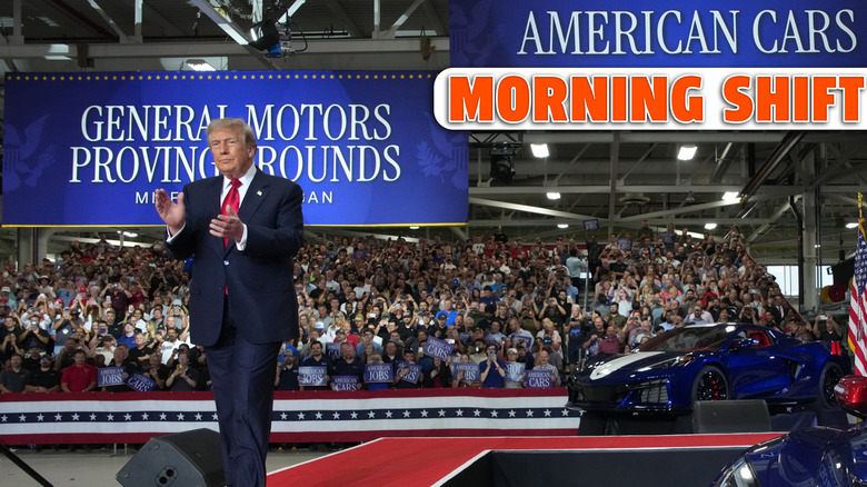 MILFORD, MICHIGAN - JULY 27: U.S. President Donald Trump greets the audience before speaking at General Motors' Milford Proving Grounds on July 27, 2026 in Milford, Michigan. Trump is expected to address US auto manufacturing, tariffs and show support for Republican candidates ahead of the August 4 primary during the visit. (Photo by Andrew Harnik/Getty Images)
