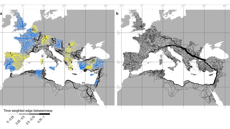 On the left, the mapped roads of the Roman empire in blue, yellow and black indicating different regions and major cities. On the right, the black veins of the Roman Empire's roads across the grey continents of Europe, part of Asia and North Africa.
