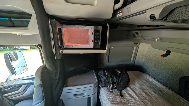 The interior of the Volvo VNL showing storage options