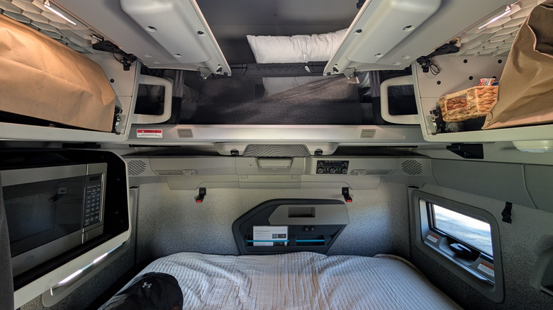 The interior of the Volvo VNL showing storage options