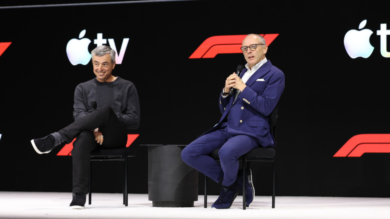Eddy Cue, Apple's senior vice president of Services, (L) and Stefano Domenicali, President and CEO of Formula 1, at the Apple TV Press Day at the Barker Hangar on February 03, 2026 in Santa Monica, California.