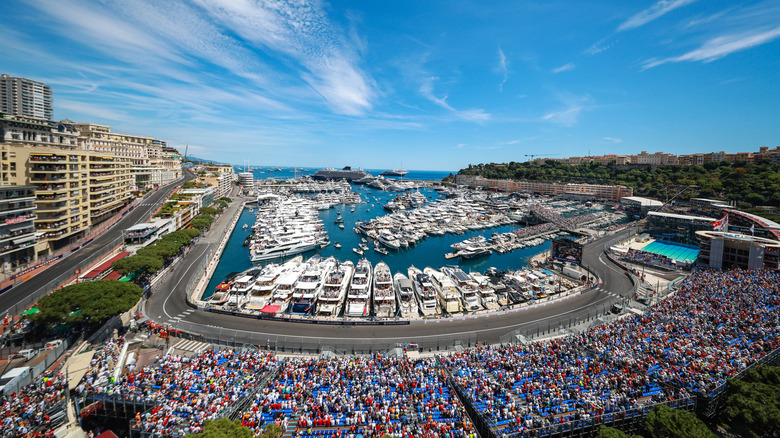 Aerial view of Port Hercule and a grandstand during the F1 Grand Prix of Monaco at Circuit de Monaco on May 25, 2025 in Monte-Carlo, Monaco.