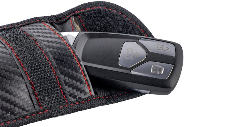 A key fob and a protective pouch on a white background