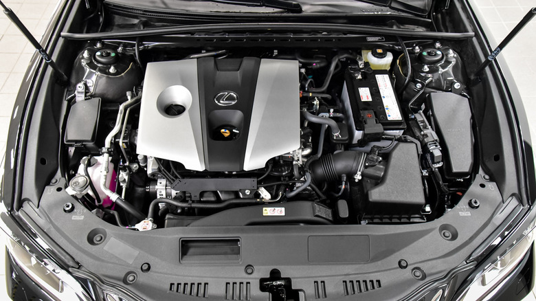 A Lexus ES 250 engine bay on display