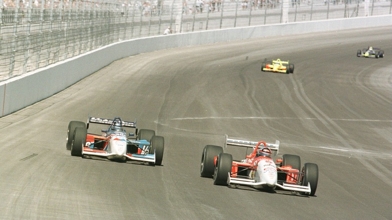 Arie Luyendyk (right) leads Robby Gordon during the 1996 Indy 500