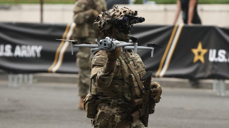 A U.S. Army soldier brandishes an FMV drone during the June 14, 2025 parade in Washington, D.C.