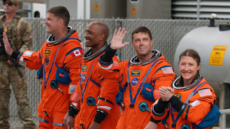 Mission specialist Jeremy Hansen of CSA (Canadian Space Agency), pilot Victor Glover, commander Reid Wiseman and mission specialist Christina Koch walk out of the Neil A. Armstrong Operations and Checkout Building ahead of the launch of the Artemis II at NASA's Kennedy Space Center on April 01, 2026 in Cape Canaveral, Florida.