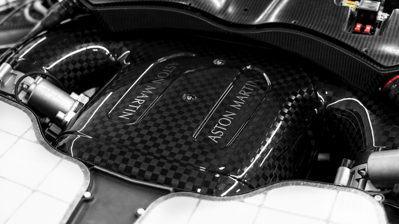 A look at the Valkyrie's V12 engine covered in checker-patterned carbon fiber