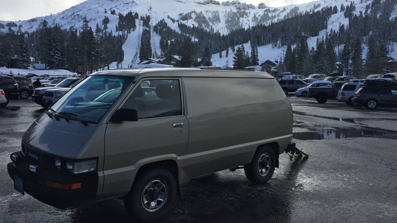 1987 Toyota 4WD Cargo Van front three-quarter image at the ski slopes
