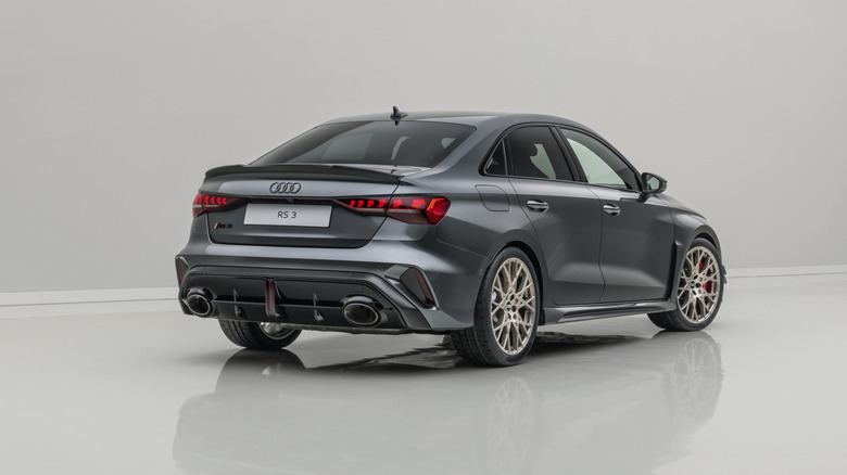 Rear 3/4 view of a gray Audi RS3 Competition Limited