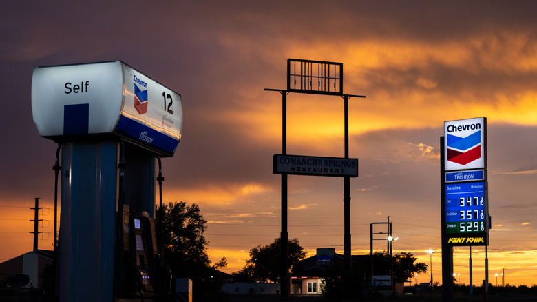 Gas and diesel prices are displayed at a Chevron gas station on August 14, 2026 in Fort Stockton, Texas.