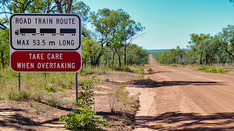 A warning sign about road trains in the Australian Outback