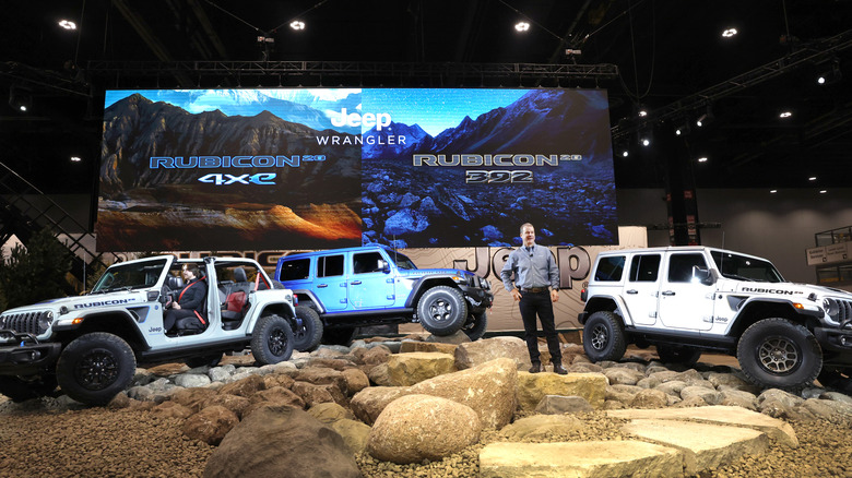 A Stellantis Jeep Rubicon stand showcasing the Rubicon 4xe and Rubicon 392 at the 2023 Chicago Car Show.
