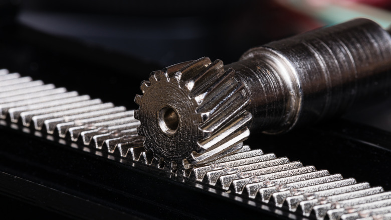 A close up shot of a pinion gear on a rack.