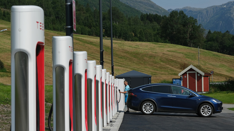 SKEI, NORWAY - AUGUST 12: A driver prepares to charge his Tesla car at a Tesla Supercharger charging station on August 12, 2020 in Skei, Norway. Norway has the highest percentage of electric cars per capita in the world. In March, 2020, all-electric electric car sales accounted for 55.9% of new car sales.