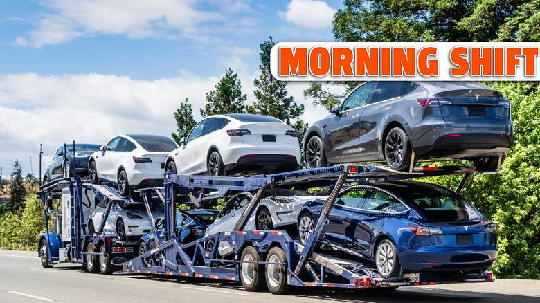 Jun 6, 2020 / CA / USA - Car transporter carries new Tesla Model Y (on the upper level) and Tesla Model 3 (on the lower level) vehicles on a freeway in San Francisco Bay Area
