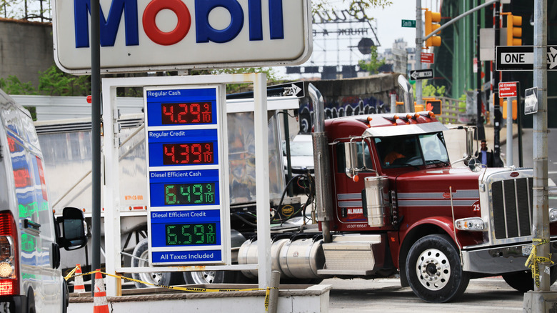 Fuel prices are displayed at a Brooklyn gas station on April 28, 2026 in New York City.