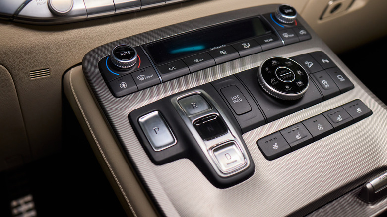 A closeup of Hyundai's electronic push-button gear shifter/selector