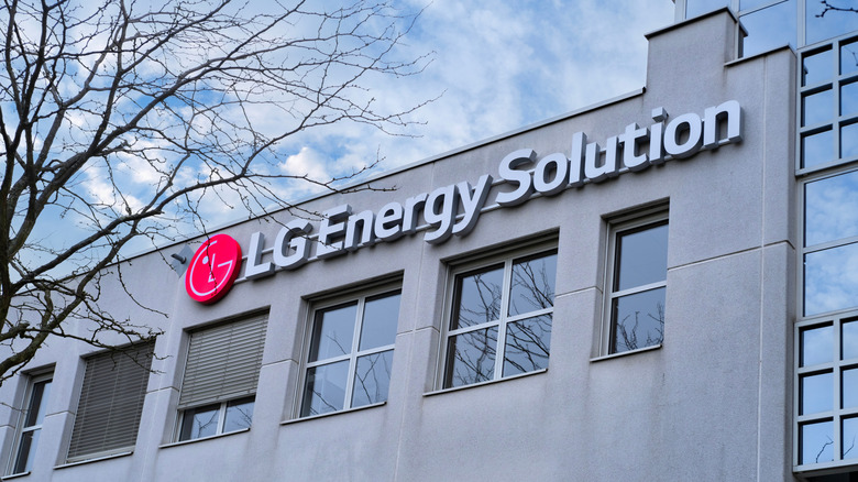 LG Energy Solution Ltd battery manufacturing company on facade building, Korean largest battery makers, LGES logo, sustainable development in Technology, Frankfurt, Germany - February 10, 2024