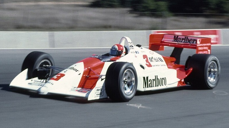 Rick Mears at Laguna Seca in 1991, driving a Penske chassis similiar to Senna's during the test