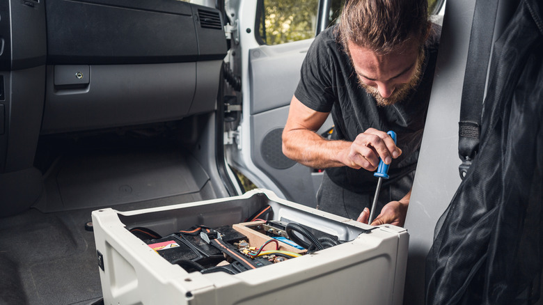 A person working on a DIY camper van