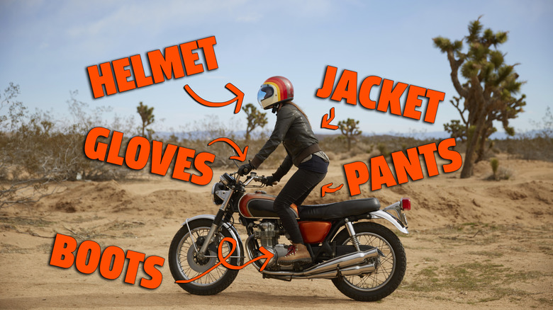 A woman rides a motorcycle, her gear is all called out with tags and arrows