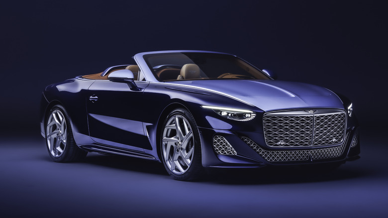 Front 3/4 view of a blue Bentley Batur convertible