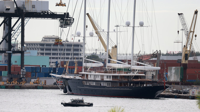 Amazon founder Jeff Bezos' 417-foot megayacht parked in a shipyard port in the Everglades.