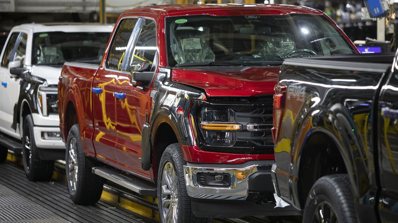 The new Ford F-150 truck goes through the assembly line at the Ford Dearborn Plant on April 11, 2024 in Dearborn, Michigan.