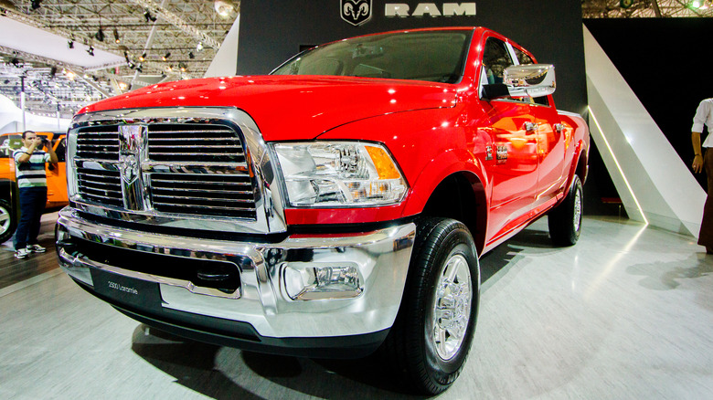 A red Ram 2500 on display at an auto show.