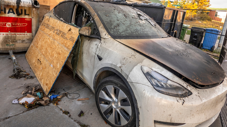 Burned Tesla with severe fire damage