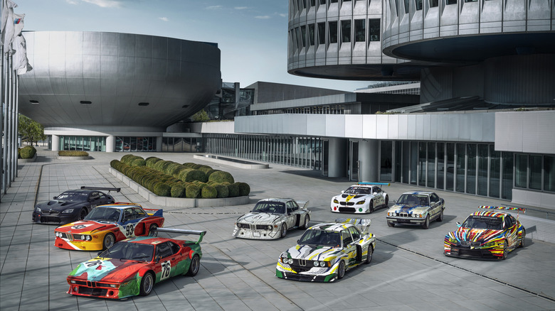 Eight of BMW's Art Cars lined up for display in front of BMW Headquarters in Munich.